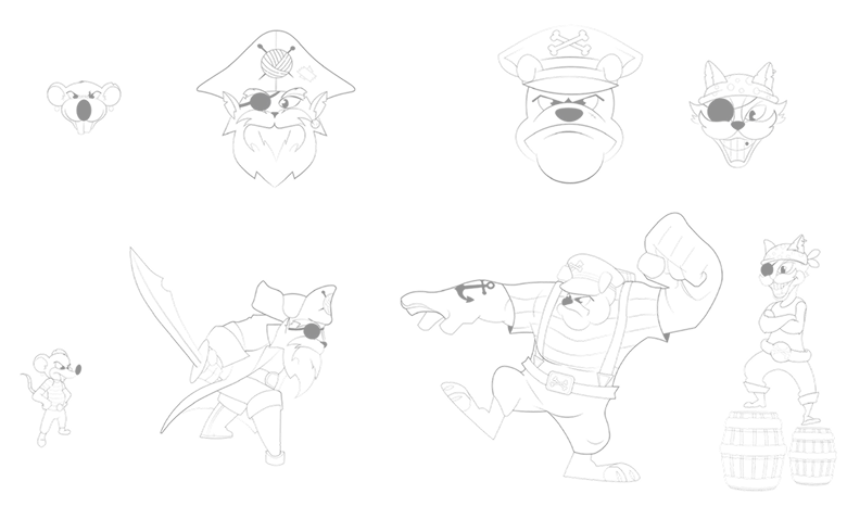 Estudos visuais do Capitão Patapatas e de personagens do jogo